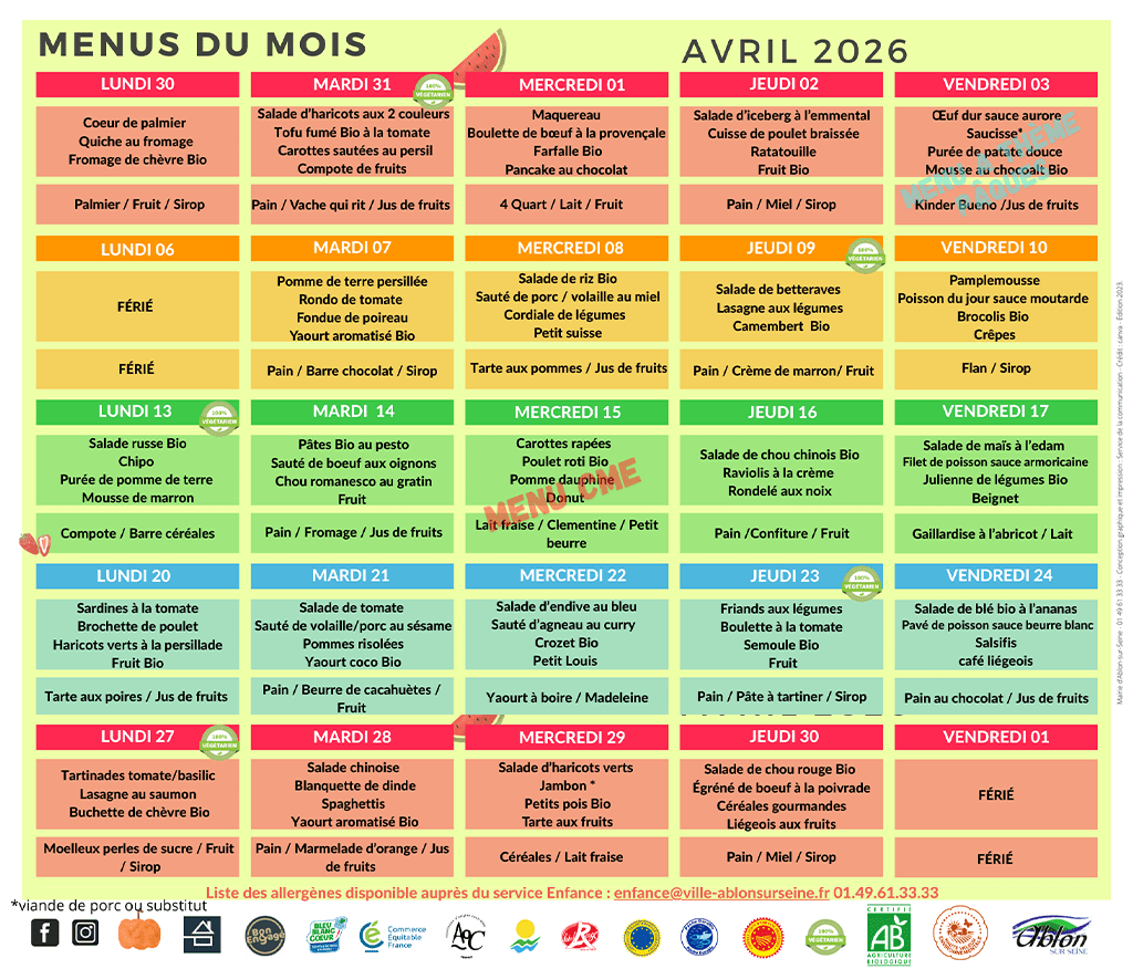 menu cantine avril 2026