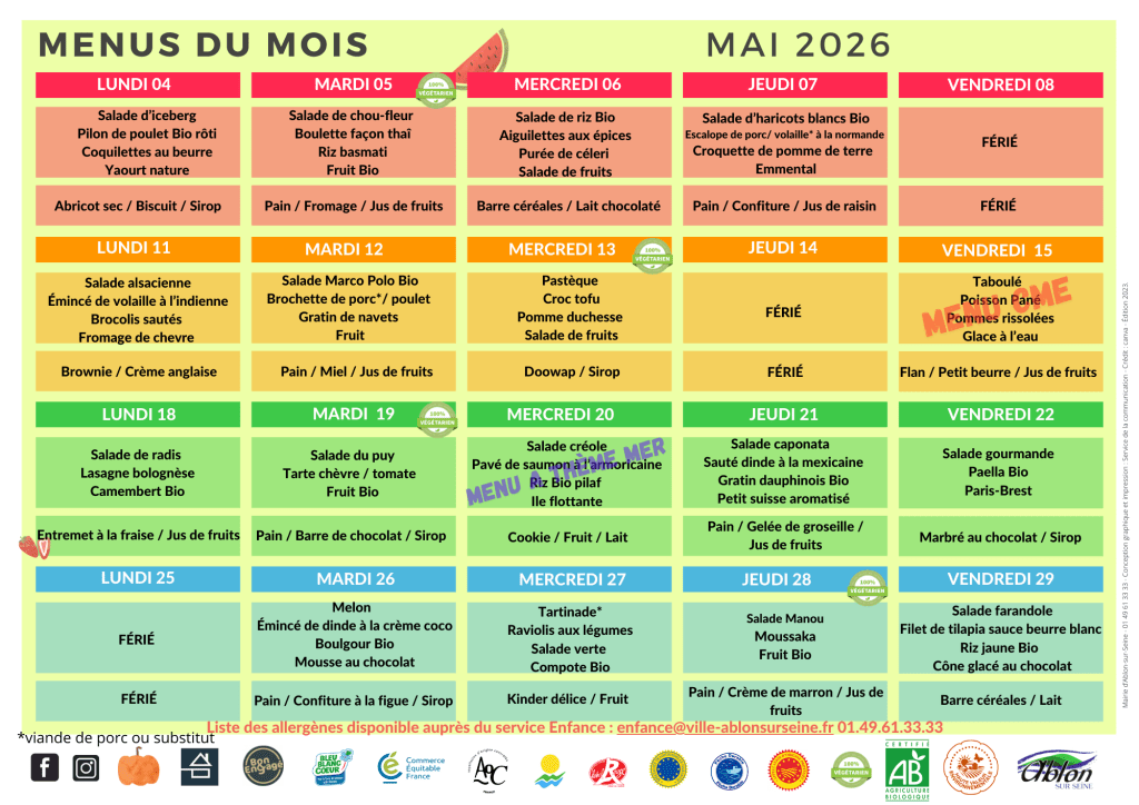 menu restauration scolaire de mai 2026