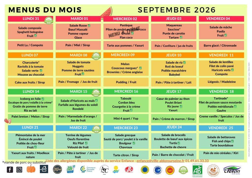 Menu septembre 2026