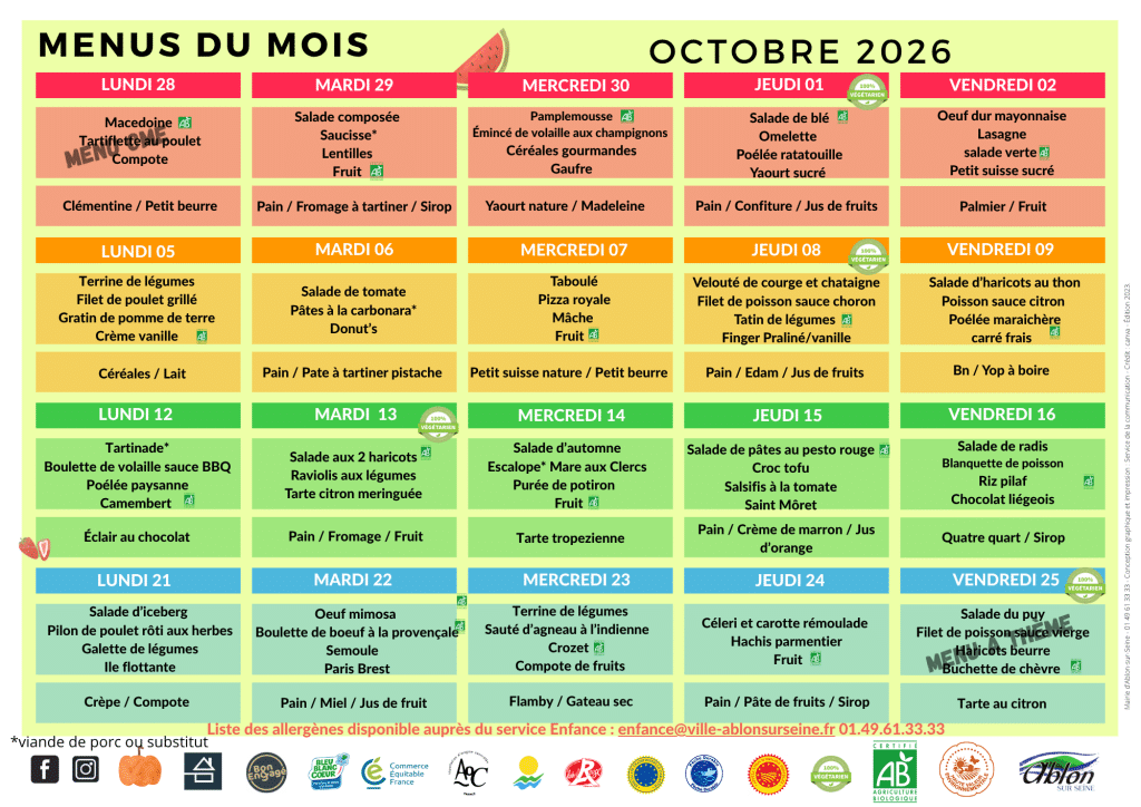 Menu restauration scolaire octobre 2026